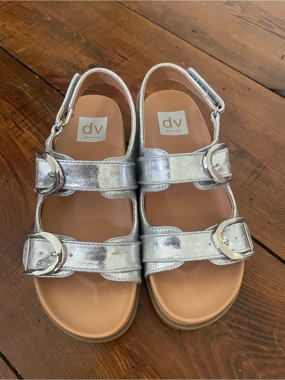 Dolce Vita Women’s Silver Metallic Double-Buckle Sandals- Size 6.5